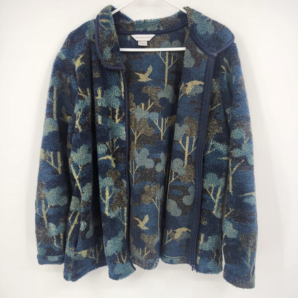 Christopher & Banks Women's Fleece Jacket XL Blue Floral Birds Nature Full Zip